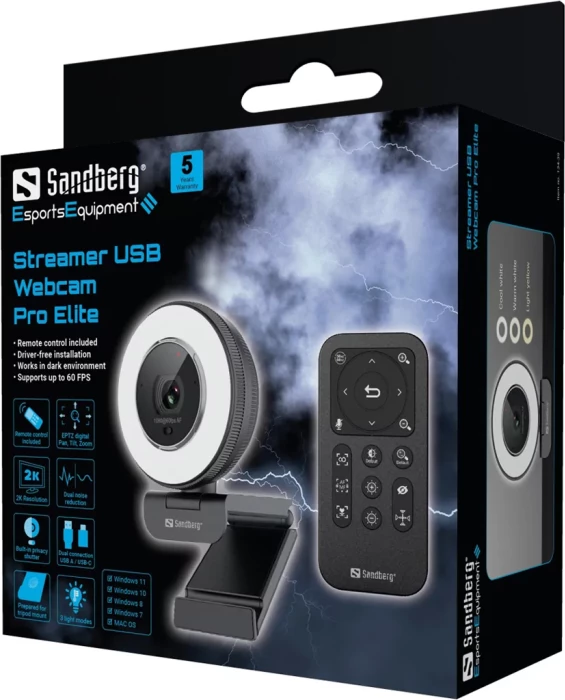 Webcam SANDBERG Streamer USB Webcam Pro Elite 134-39 1440p/30fps, 1080p/60fps me dritë unazë, mikrofon stereo, e zezë, set