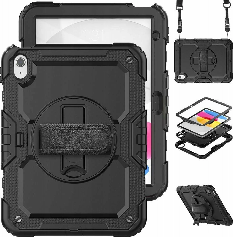 Mbështjellës për tablet Tech-Protect Solid360 për Apple iPad 10.9\" 2022 (A2696/A2757/A2777), me rrip shpatulle dhe rrip dore, i zi