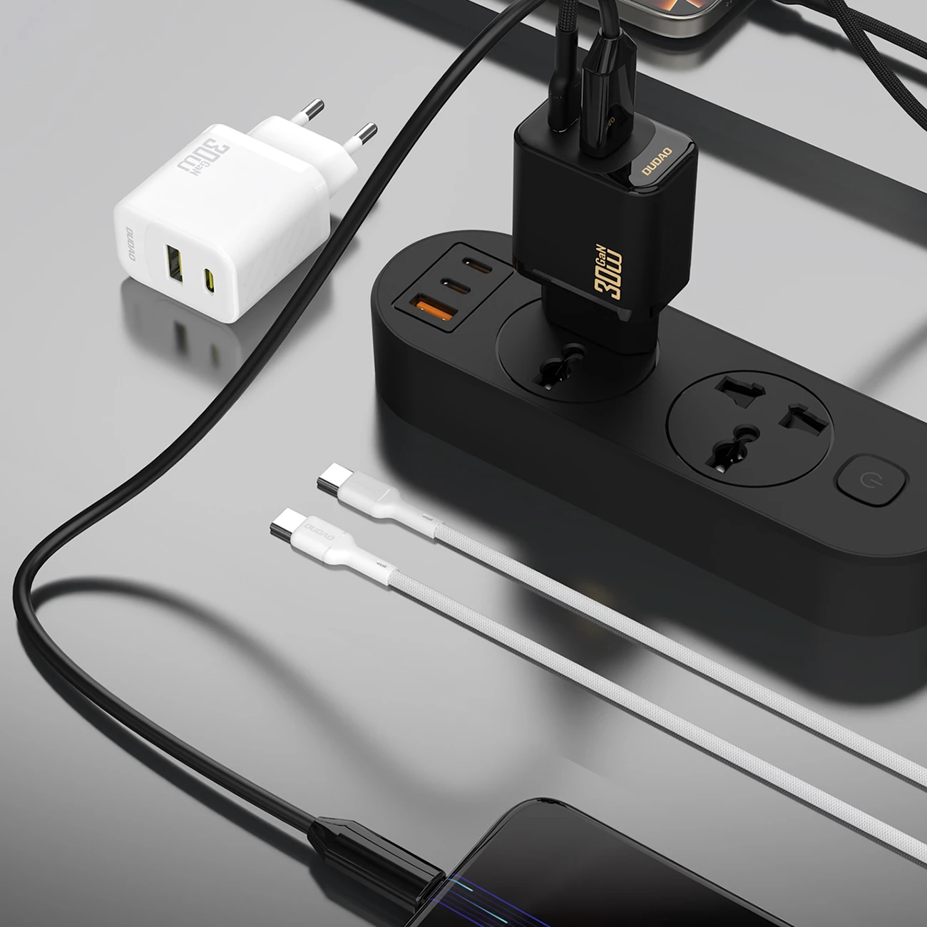 Karikues muri GaN, Dudao A27TCEU, PD 30W, 2 porta USB-C + USB-A, me kabllo USB-C 1 m, bardhë