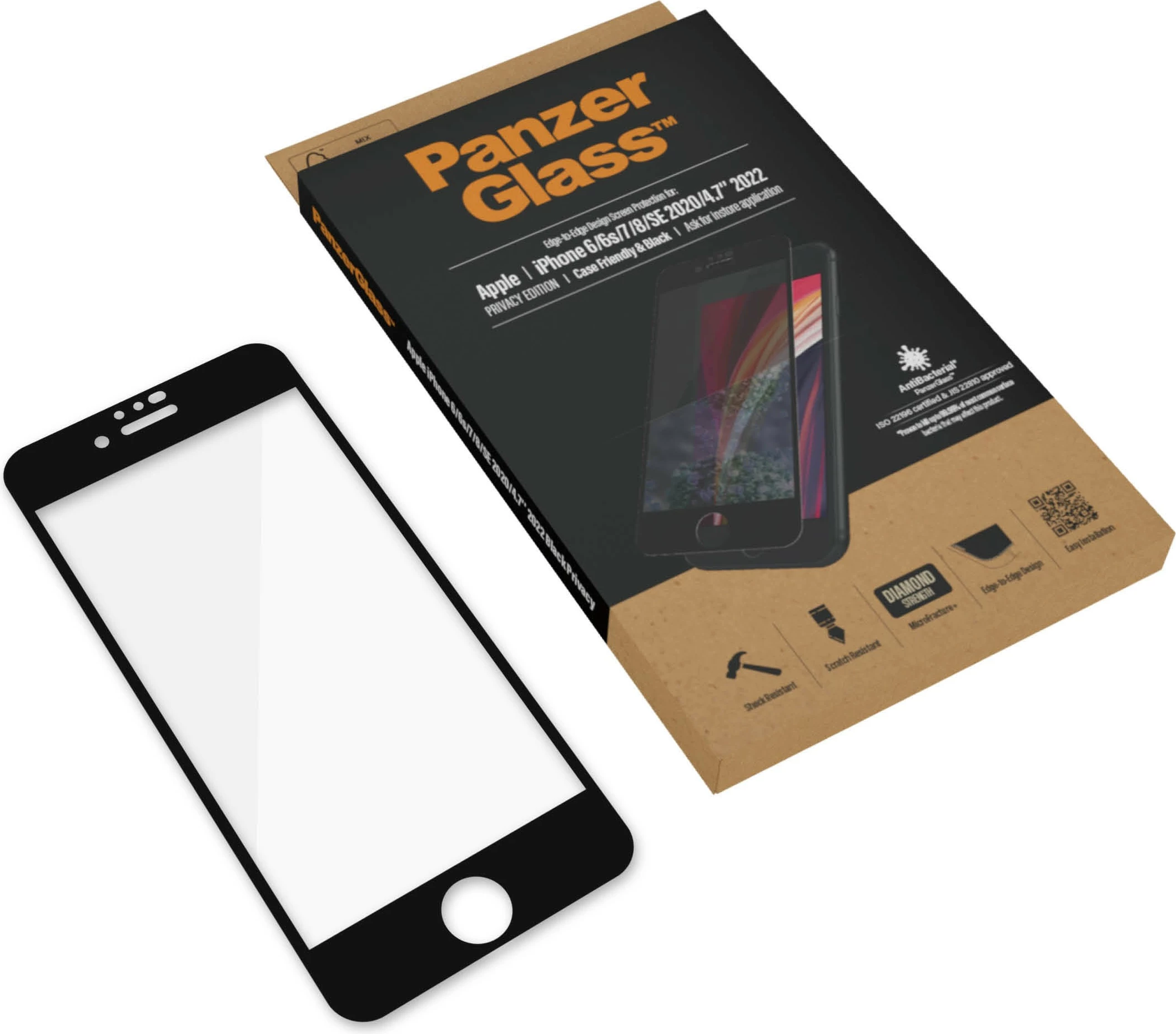 Mbështjellës ekrani PanzerGlass për iPhone 6/7/8/SE 2020/2022, transparent, kornizë e zezë