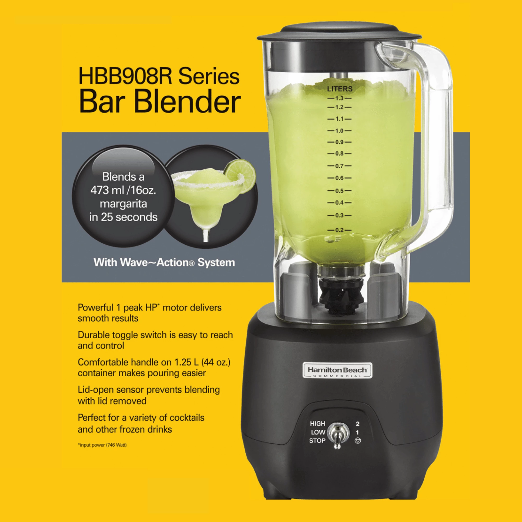 Blender bar, Hamilton Beach Commercial, 908R (HBB 908R), 1.25 L, 2 shpejtësi, 1 HP, i zi