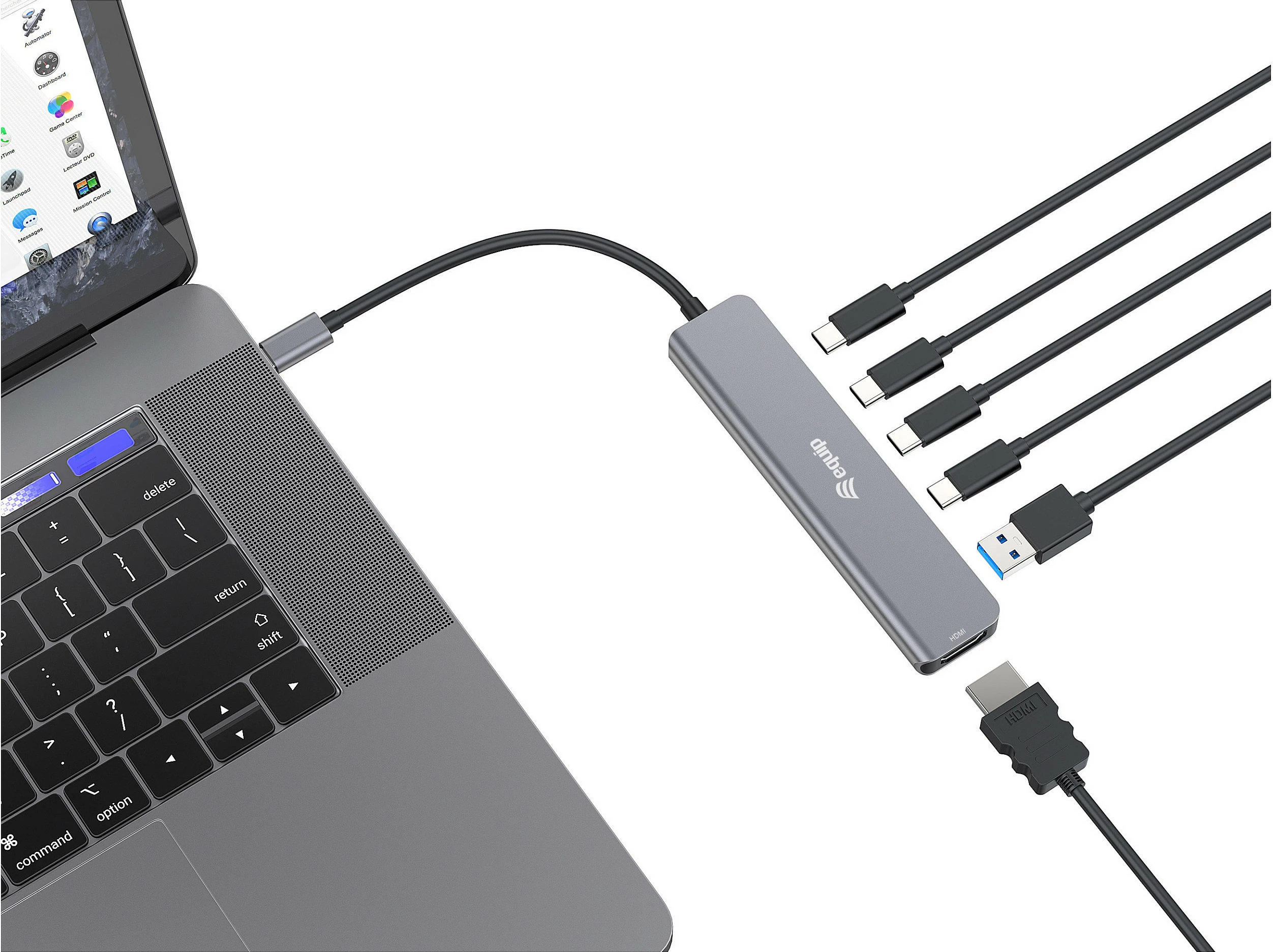 Adapter USB-C EQUIP 133500, 6-në-1, HDMI 4K, USB-A 5Gbps, USB-C x4, PD 100W, gri