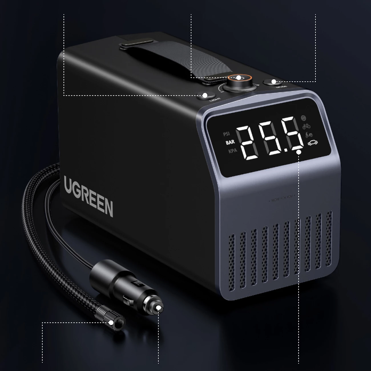 Pompë elektrike për goma Ugreen 12V 150 PSI, ekran digjital, 30 l/min, bateri 3×4500 mAh LiFePO4, gri