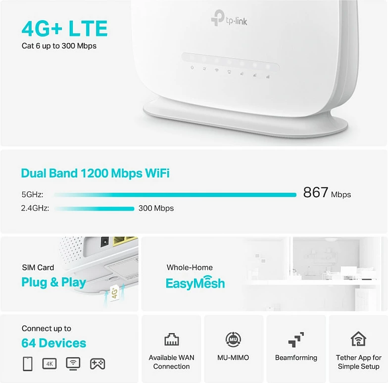 Router 4G TP-Link Archer MR505, Dual-Band 2.4/5GHz, Gigabit, SIM, i bardhë