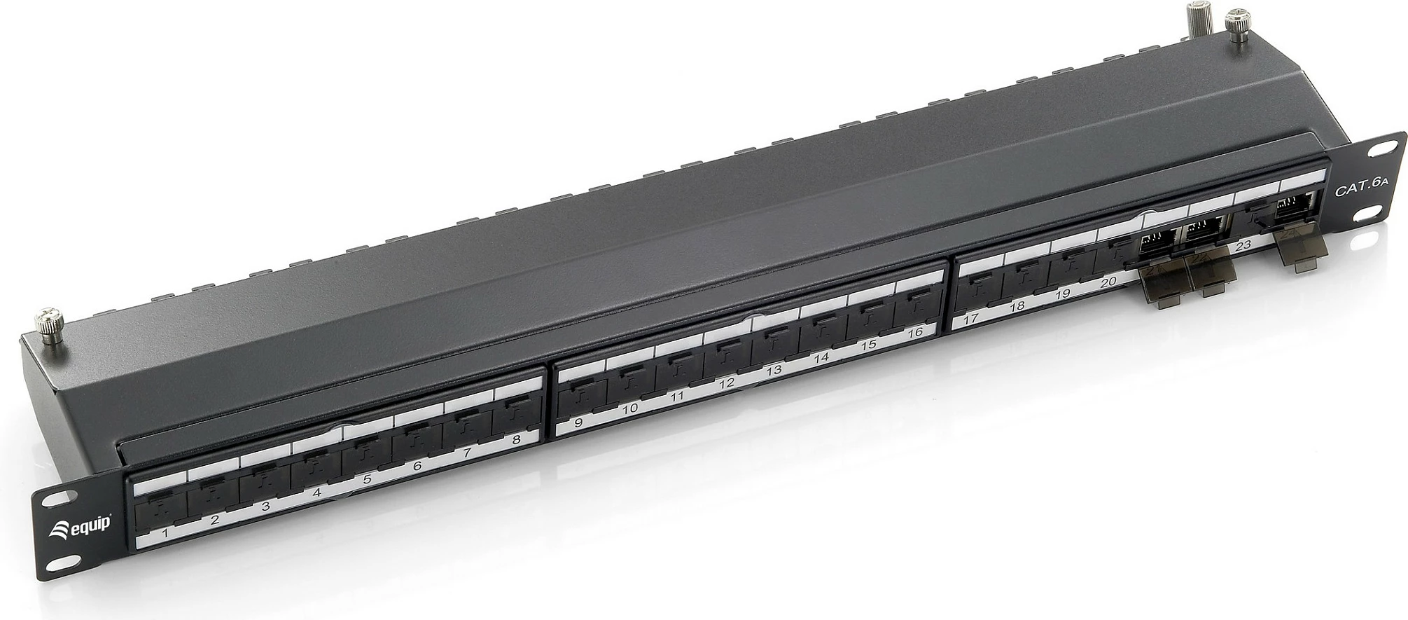 Patch panel rrjeti EQUIP 24-Port Cat6a i blinduar, 1U 19", RJ-45, kontakte të arta, i zi