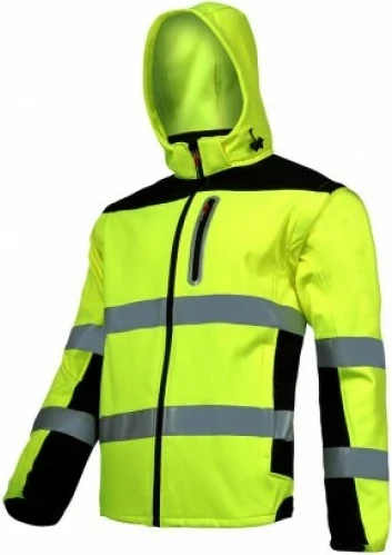 Xhaketë softshell reflektuese LAHTI PRO Rumema L4091901, 8000 mm waterproof, 3000 g/m²/24h breathable, me kapuç, neon e verdhë/zezë