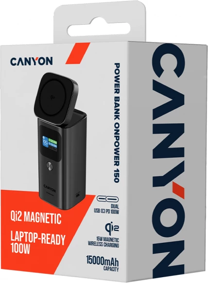 Power bank magnetik Qi2 CANYON OnPower 150 15000mAh 100W, alumin, gri e errët
