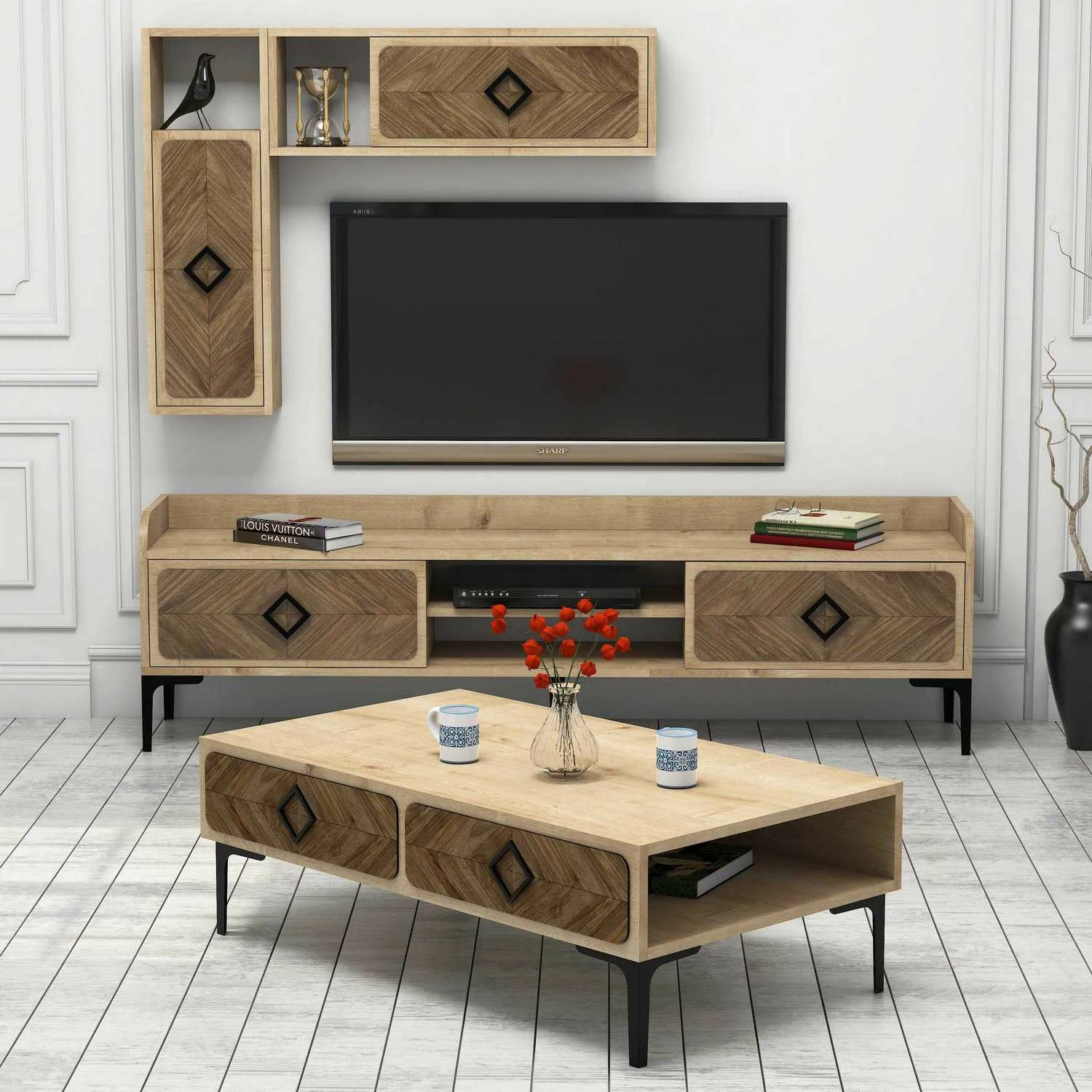 Set mobiljesh për dhomë dite, stil industrial, ngjyrë lisi, Samba, Hanah Home