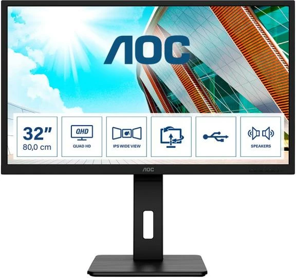 Monitor AOC Q32P2 31.5" QHD IPS me USB hub me altoparlantë i zi