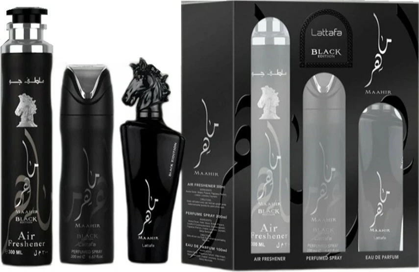Set Eau de Parfum dhe deodorant unisex Lattafa Maahir Black Edition 100ml+200ml+300ml