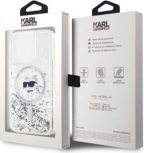Mbështjellës Karl Lagerfeld Liquid Glitter Choupette Head MagSafe për iPhone 14 Pro, Transparent