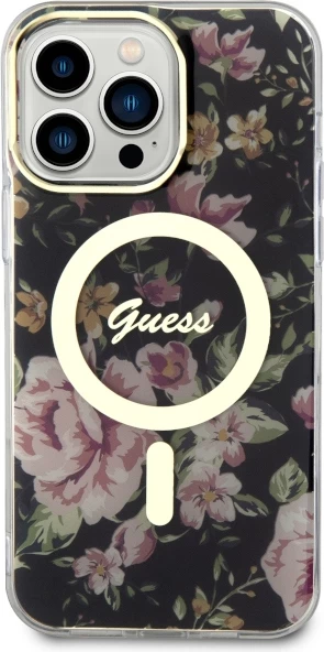 Mbështjellës Guess GUHMP14XHCFWSK për iPhone 14 Pro Max 6.7", MagSafe, lule, zi