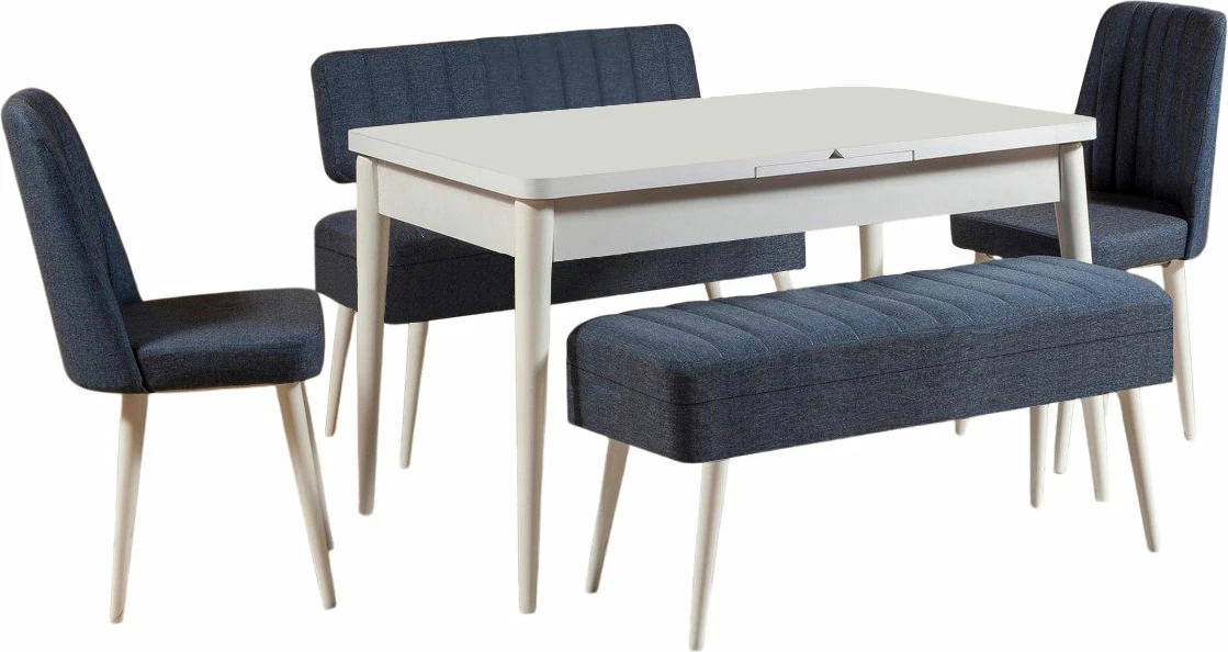 Set tavolinë me karrige për ngrënie, zgjatës, 5 pjesë, Skye Decor, Vina 1048-4, e bardhë, kaltër e errët