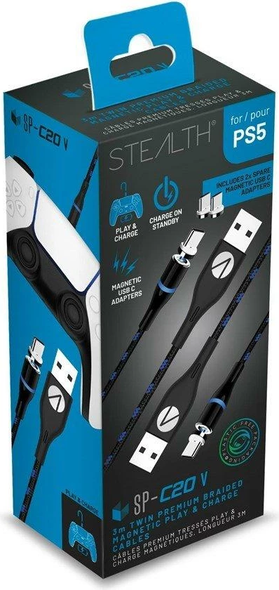 Kablë magnetike Play & Charge 4Gamers Stealth Twin, 2 x 3m, pakim dyshe, zi/kaltër