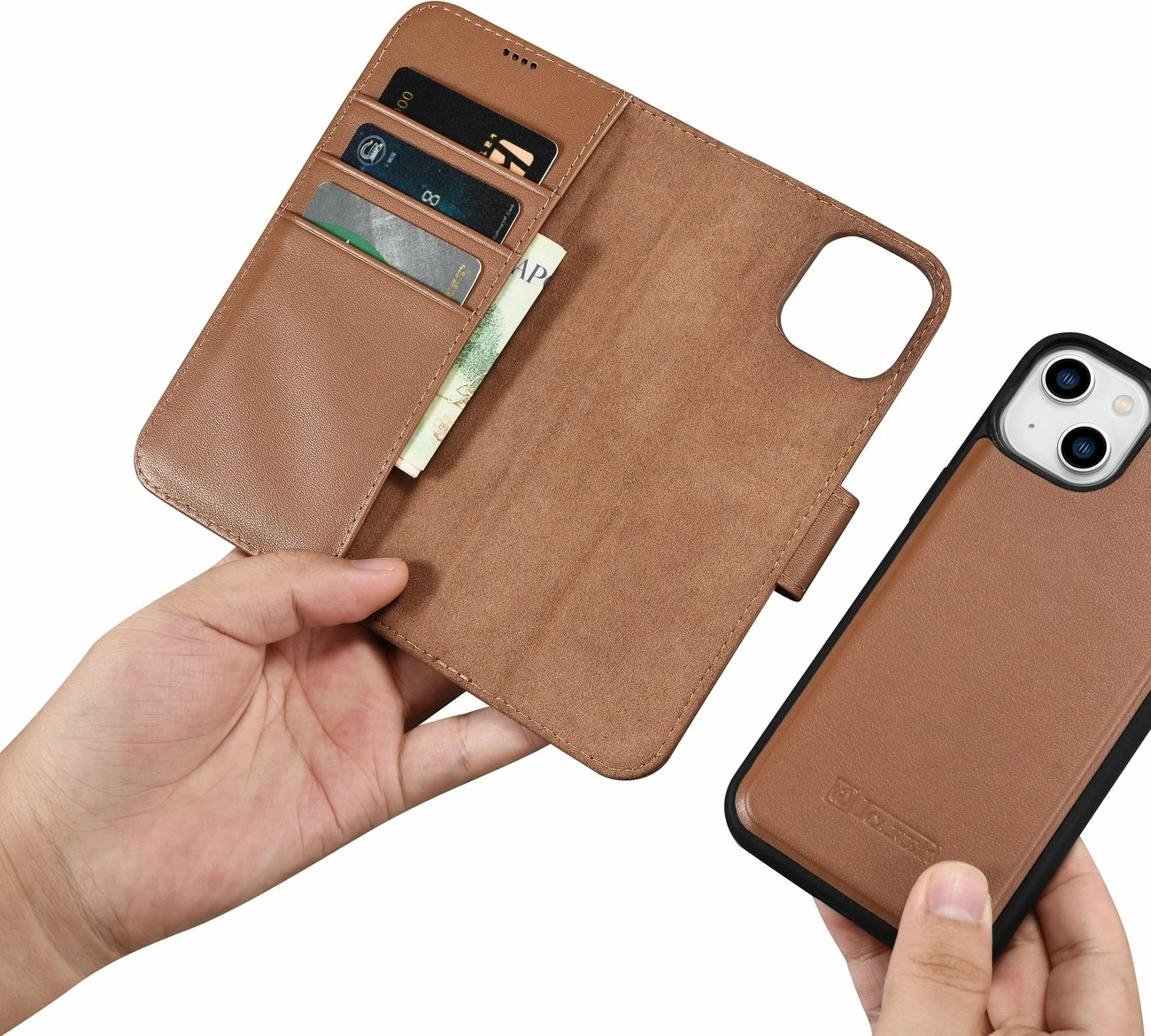 Mbështjellës iCarer Wallet 2in1 për iPhone 14 Plus, lëkurë natyrale, Anti-RFID, Kafe