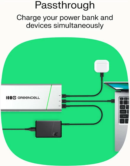 Power bank Green Cell PowerPlay Pro 65W (PBPLGC20P), 20800 mAh, USB-C PD, 3 porta, argjendtë/zi me detaje jeshile