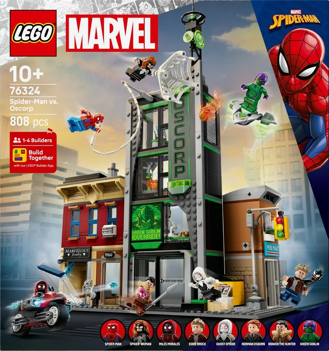 Set LEGO Marvel Spider-Man dhe Oscorp 76324, 808 pjesë, për fëmijë 10+, me 8 minifigura