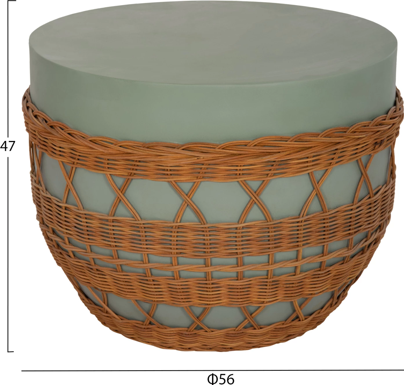 Tavolinë kafeje rrethore VILHENA, fibër-cement, ngjyrë e gjelbër, ratan natyral, FH18165, 56x47cm