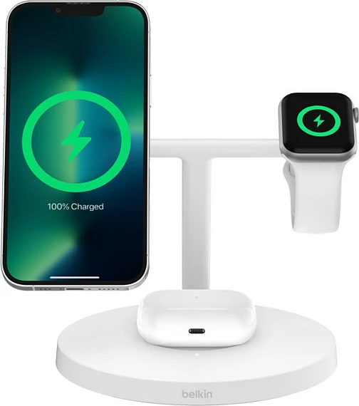 Stacion karikimi pa kabllo Belkin BoostCharge Pro 3-in-1 Qi2, 15W, MagSafe, i bardhë
