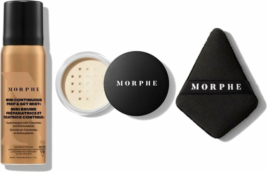 Morphe Set – Continuous Prep & Set Mist + Translucent Setting Powder + Highlight & Contour Sponge