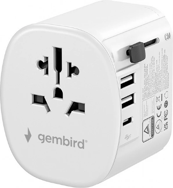 adapter udhëtimi universal me tokëzim, Gembird TPA-EU2A1C15-01-W, 15 W, 3x USB, i bardhë