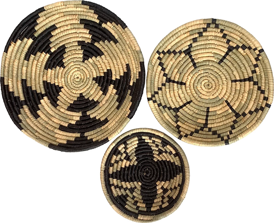 Set dekorativ për mur JABBAR, 3 copë, 56x56x9 cm, kashtë deti, natyrale/zezë