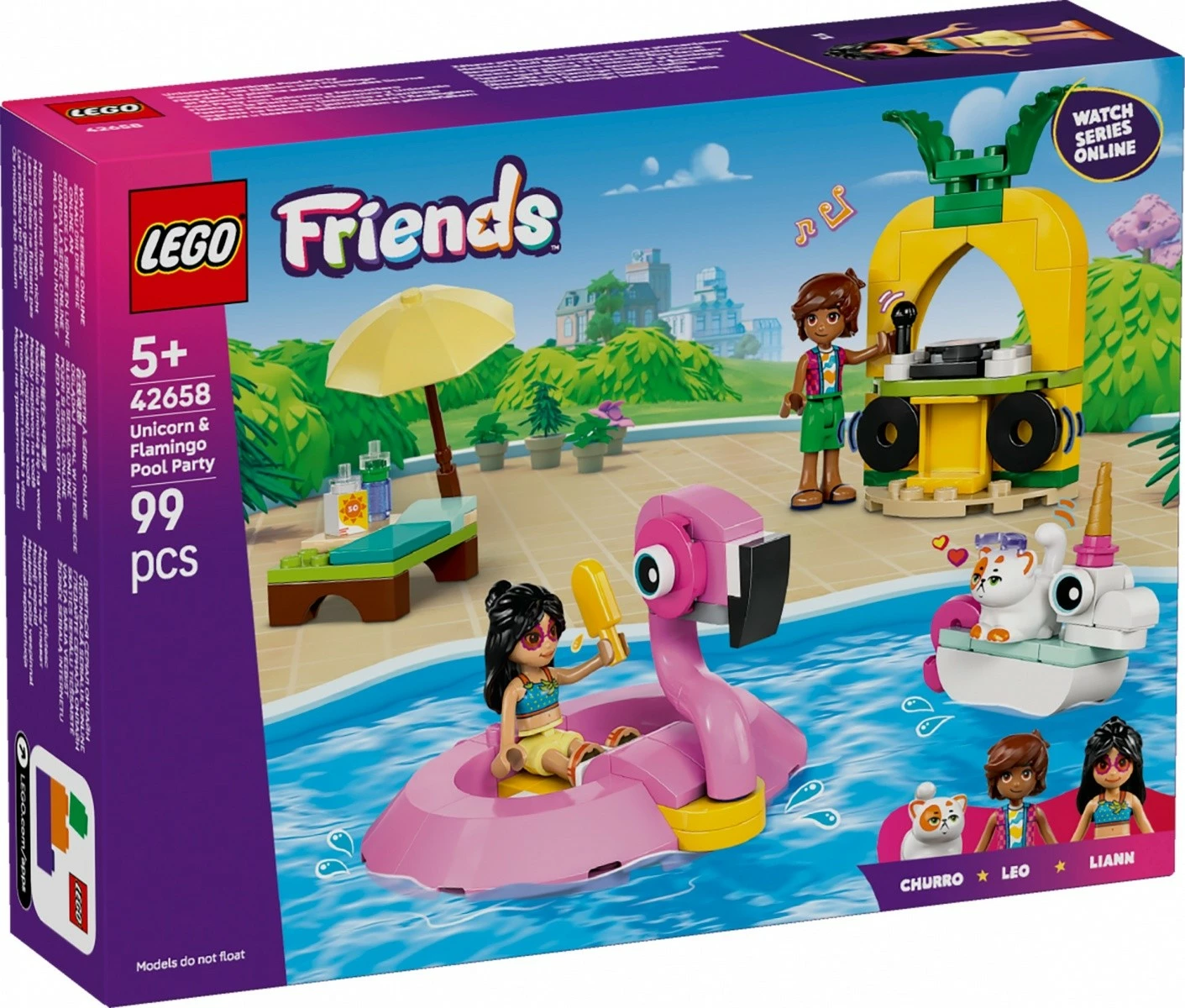Set ndërtimi LEGO Friends 42658, Festa në pishinë me njëbrirësh dhe flamingo, 99 pjesë