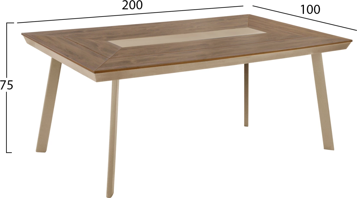 Tavolinë ngrënieje për jashtë, alumin, ngjyrë kapuçino, sipërfaqe polywood, 200x100x75cm