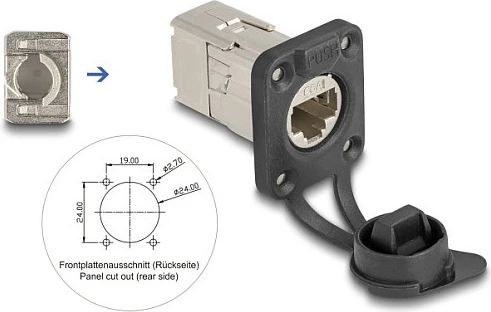Prizë paneli RJ45 DeLOCK Cat.6A STP me LSA, IP66, e zezë/metalik