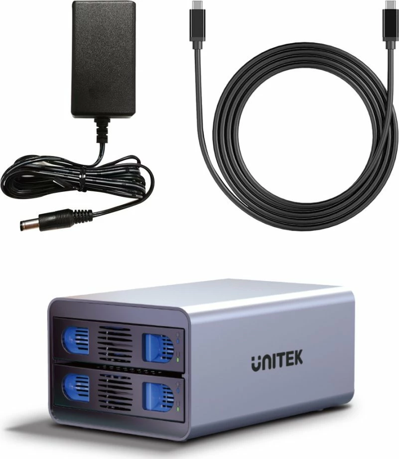Kasë eksternale për HDD/SSD SATA Unitek S1308A01-EU 2-bay 2.5\"/3.5\" USB 3.2 Gen 1 40TB, gri, set me kabllo USB-A në USB-B dhe adaptor rryme