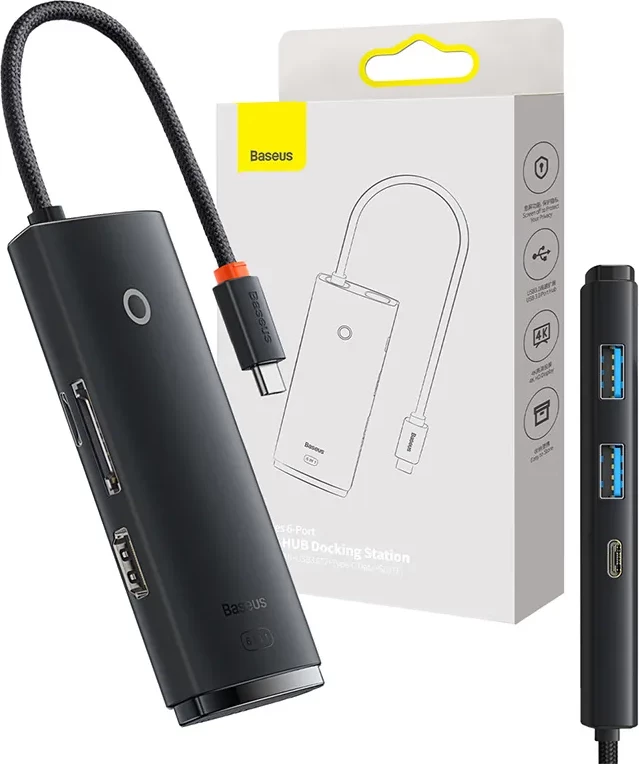 Kasë Baseus Lite Series 6-në-1, USB-C në 2x USB 3.0 + USB-C + HDMI + SD/TF, e zezë