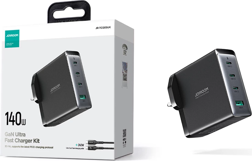 Karikues mur Joyroom JR-TCG05UK GaN, 140W, 3x USB-C, 1x USB-A, me kabllo USB-C/USB-C 240W 1.2m, i zi