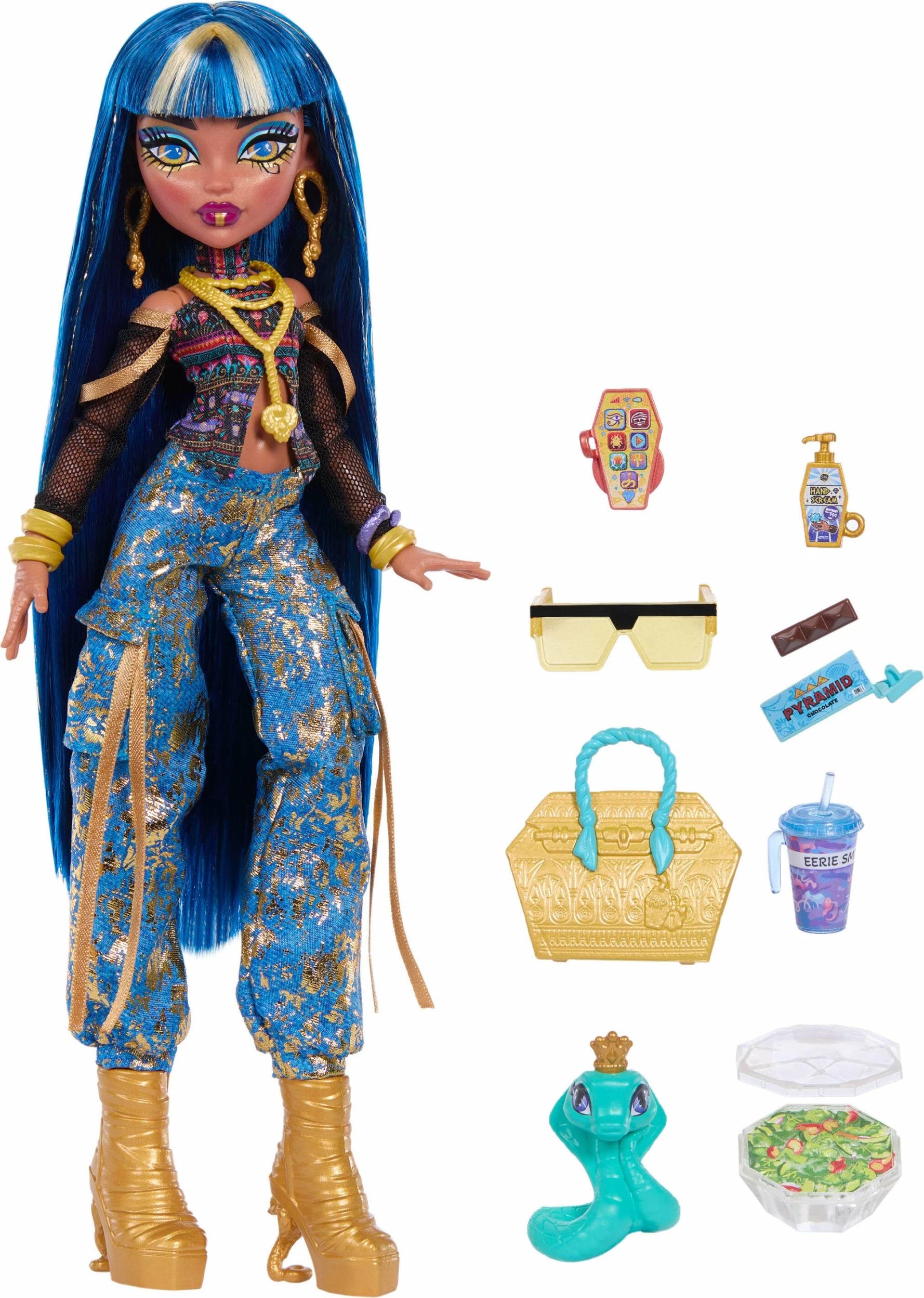 Kukull Mattel Monster High Cleo De Nile JHK32 28 cm, set me 7 aksesorë + gjarpër Hissette, shumëngjyrëshe