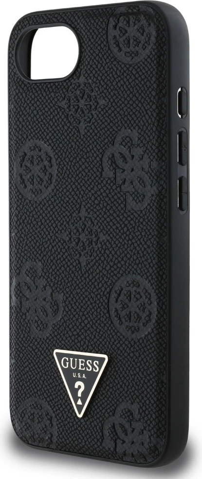 Mbështjellës Guess Grained Hot Stamp Peony Triangle Logo MagSafe për iPhone 16e, i zi
