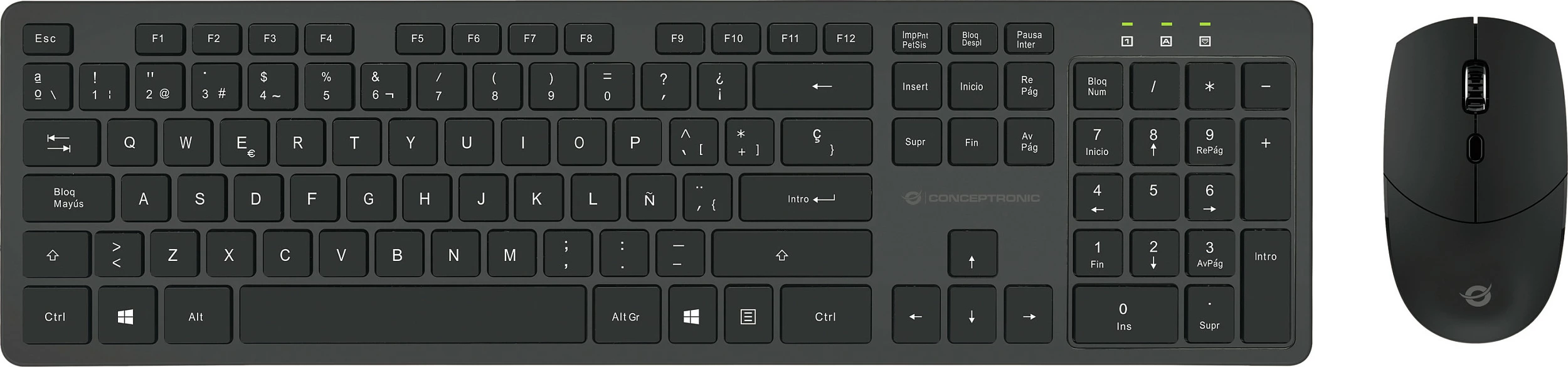 Set tastierë wireless Conceptronic me maus, QWERTY spanjoll, 105 taste, 1600 DPI, e zezë