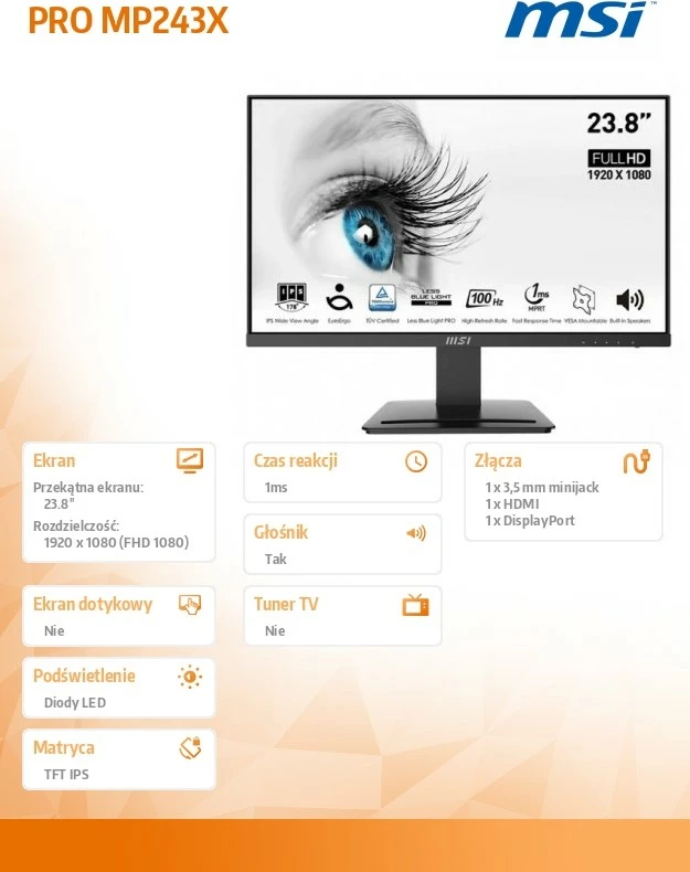 Monitor MSI PRO MP243X 23.8\" FHD IPS 100Hz me altoparlantë, i zi