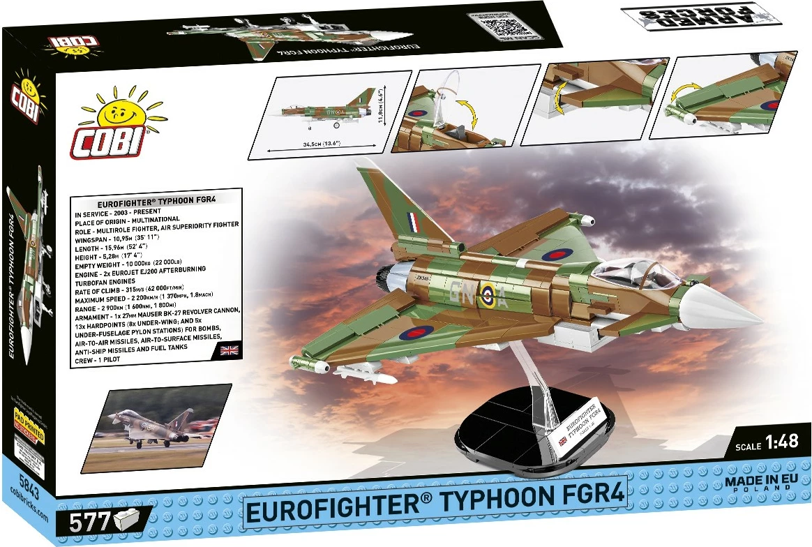 Set blloqe ndërtimi, Cobi Klocki, 5843 Eurofighter Typhoon FGR4 1:48, 577 pjesë, plastikë, me bazë ekspozimi, kamuflazh RAF