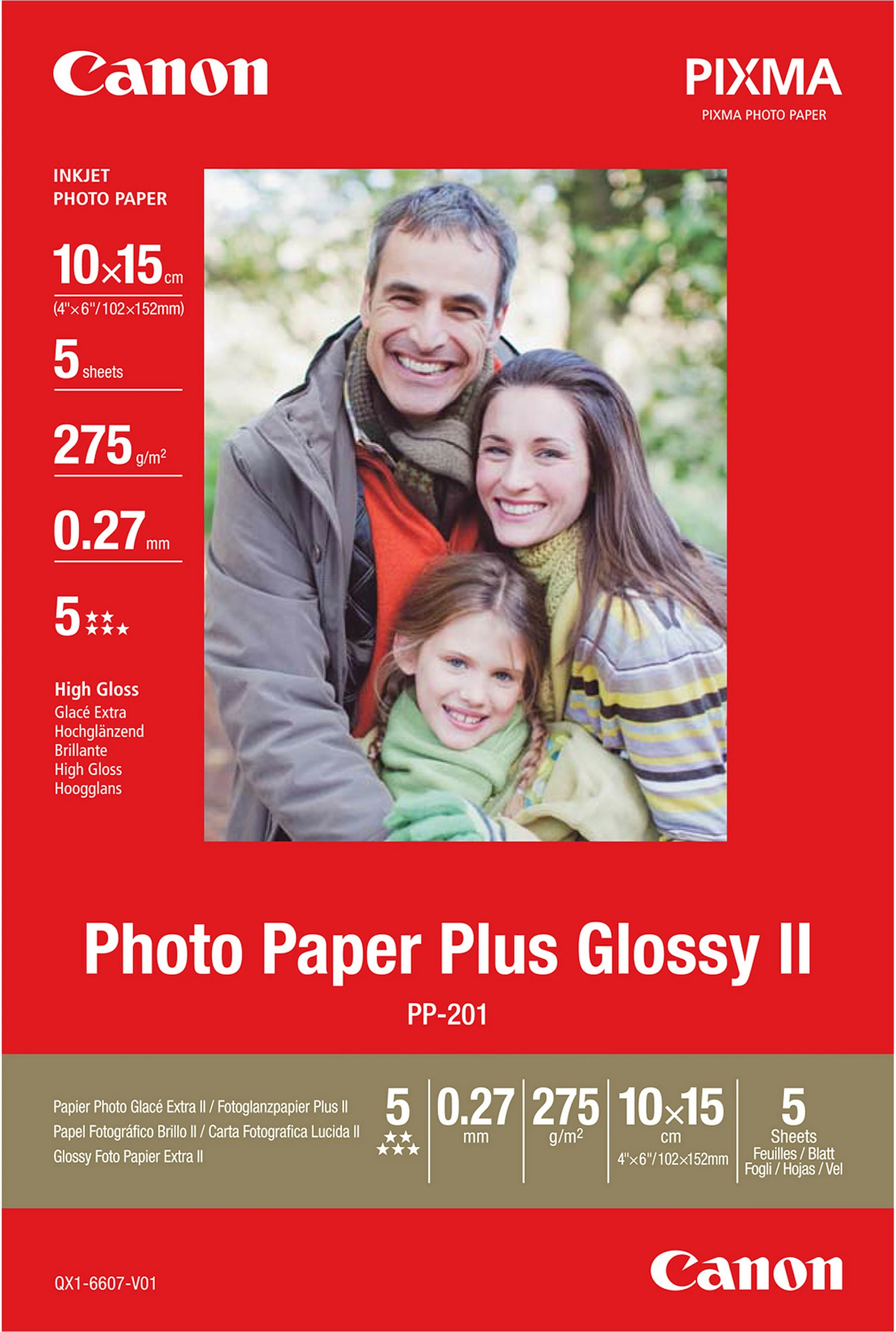 Letër foto Canon PP-201 Photo Paper Plus Glossy II, 10x15 cm (A6), 5 fletë, 275 g/m², Gloss, e bardhë