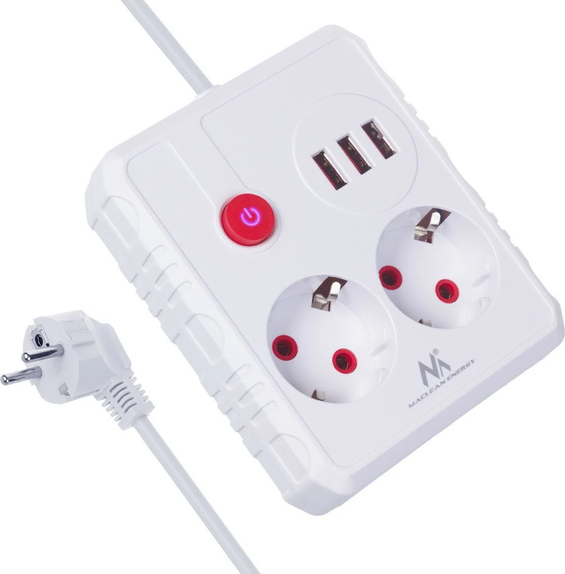 Zgjatues elektrik, Maclean MCE388 W, 2 priza Schuko, 3xUSB 2.1A, 2500W, 110-240V AC, kabllo 3m, i bardhë