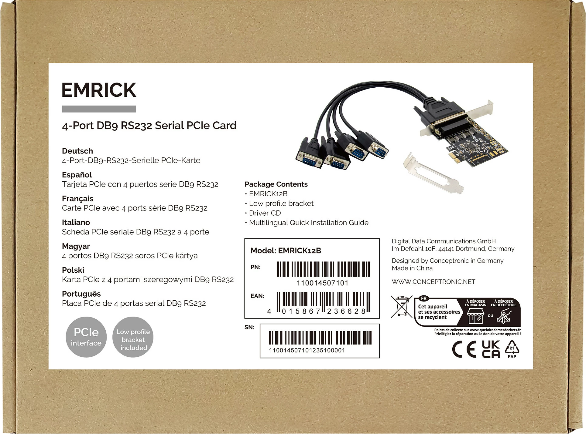 Kartë zgjerimi PCIe Conceptronic, 4x RS-232 (DB9) 115200bps, e zezë