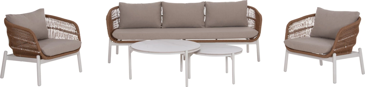 Set lounge për jashtë 5 pjesë MEMFIS, alumin, litar, sipërfaqe qeramike, e bardhë
