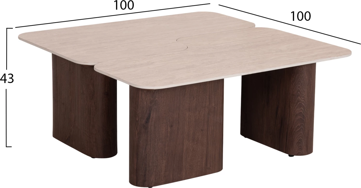 Set tavolina kafeje 2 copë Notte FH18432, sipërfaqe qeramike ngjyrë travertin, këmbë MDF ngjyrë arre, 100x100x43 cm