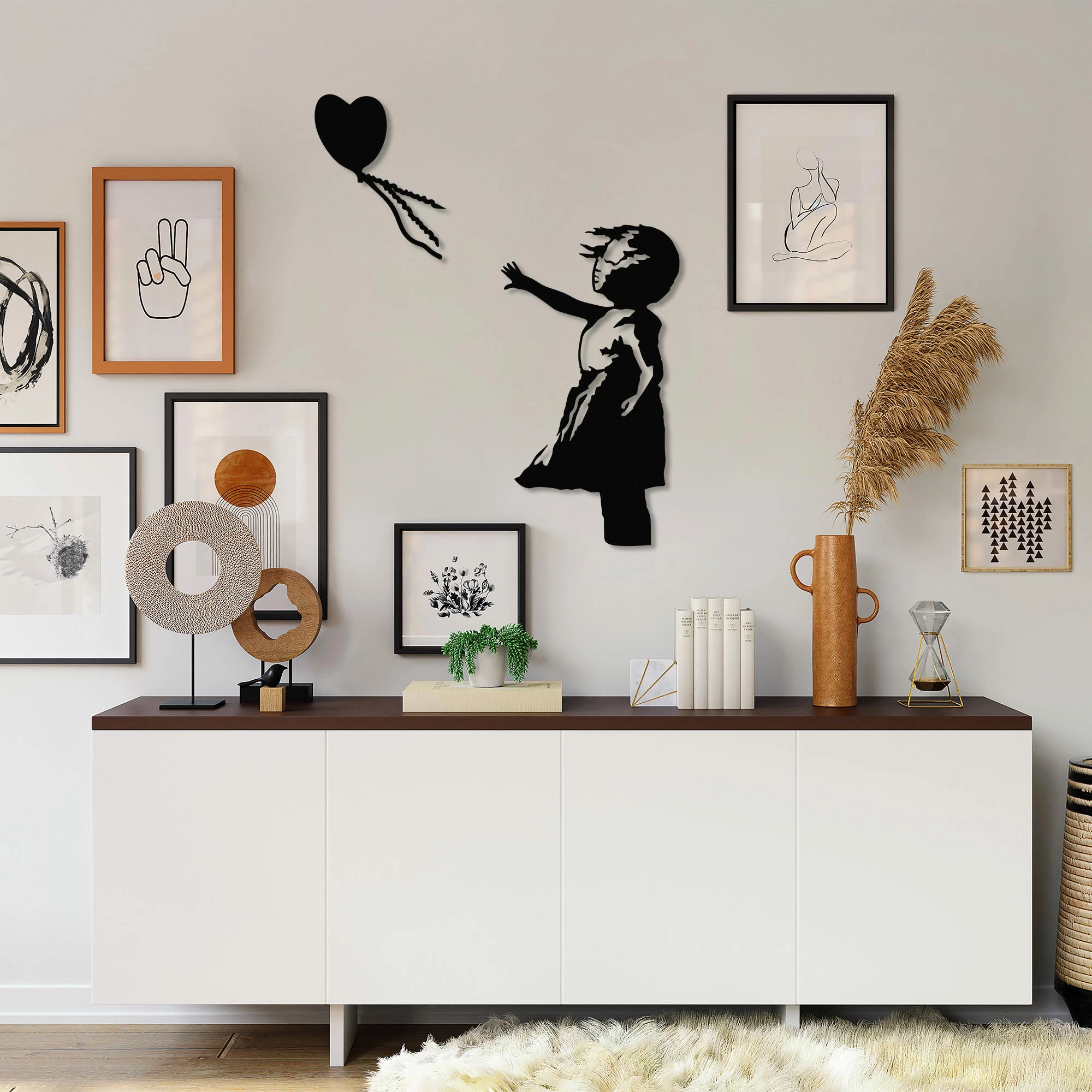 Aksesor dekorativ metalik për mur Wallity, Banksy - 14, ngjyrë e zezë, 105x85cm