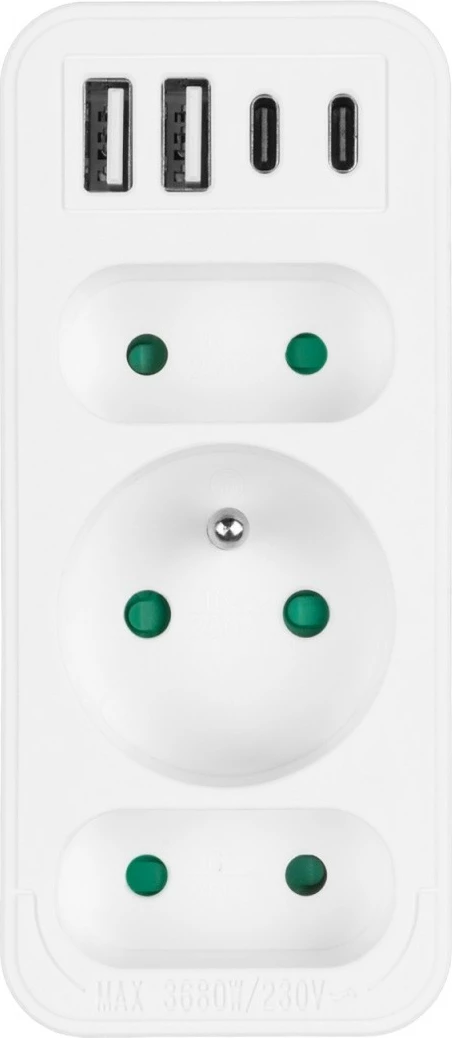 Ndarës prizash Maclean MCE248 F/W, 3 dalje (2 të sheshta + 1 me tokëzim), 2xUSB-A 18W, 2xUSB-C PD 20W, e bardhë