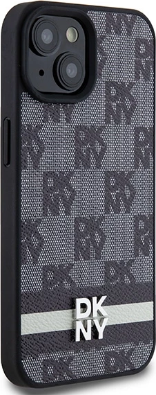 Mbështjellës DKNY Leather Checkered Mono Pattern & Printed Stripes për iPhone 13/14/15, i zi