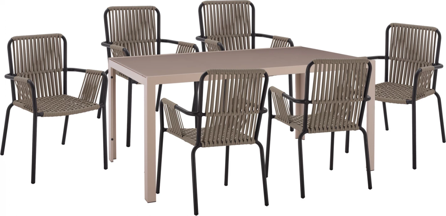 Set për darkë 7 pjesë, tavolinë kapuçino 150x90 dhe karrige me krahë gri qymyr me litar FH11501