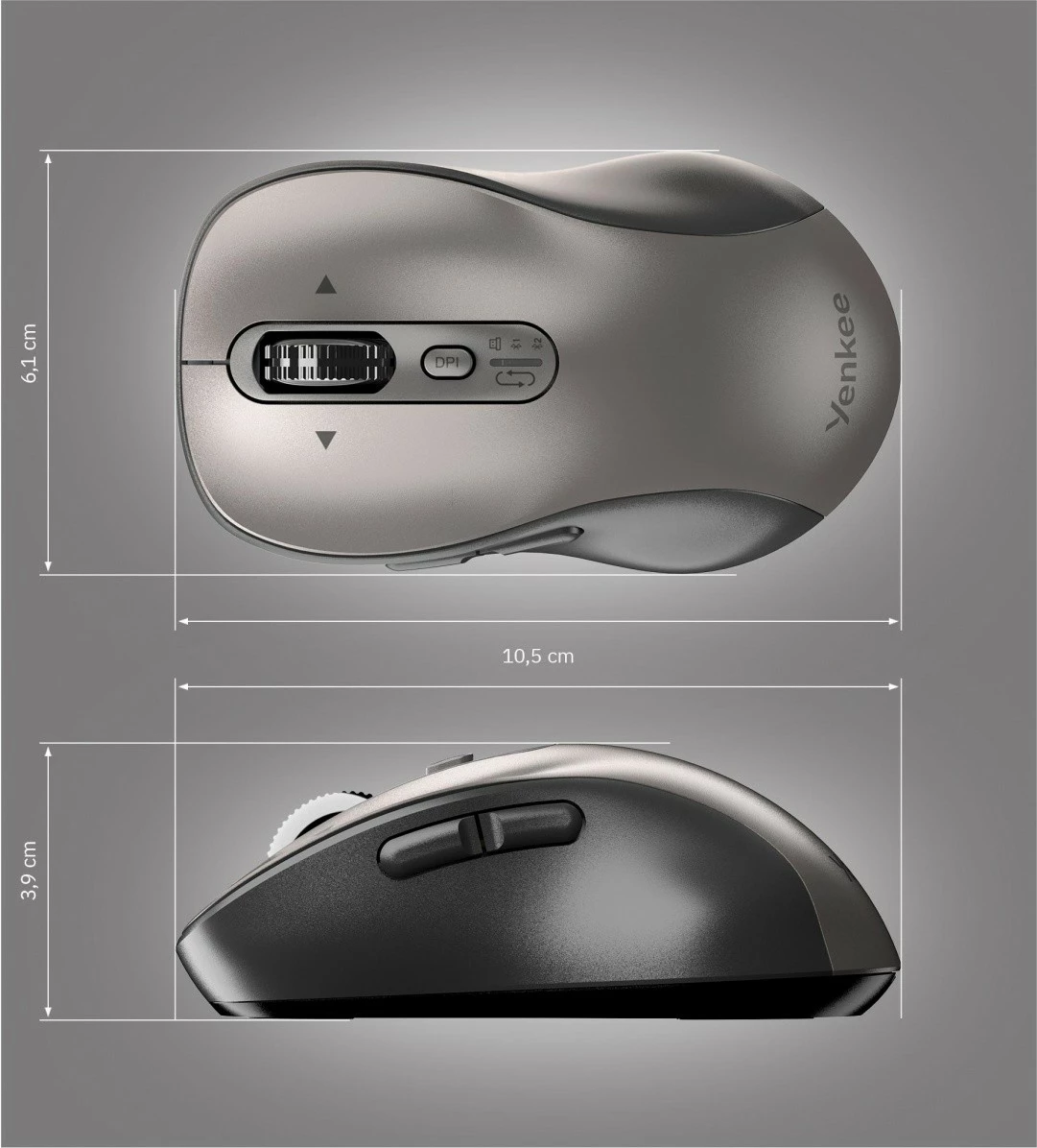 Maus YENKEE YMS 2010SR GYRO pa kabllo, Dual Bluetooth 5.1 + USB 2.4GHz, 3200 DPI, 6 butona, e zezë/argjendtë, me 2x bateri AA