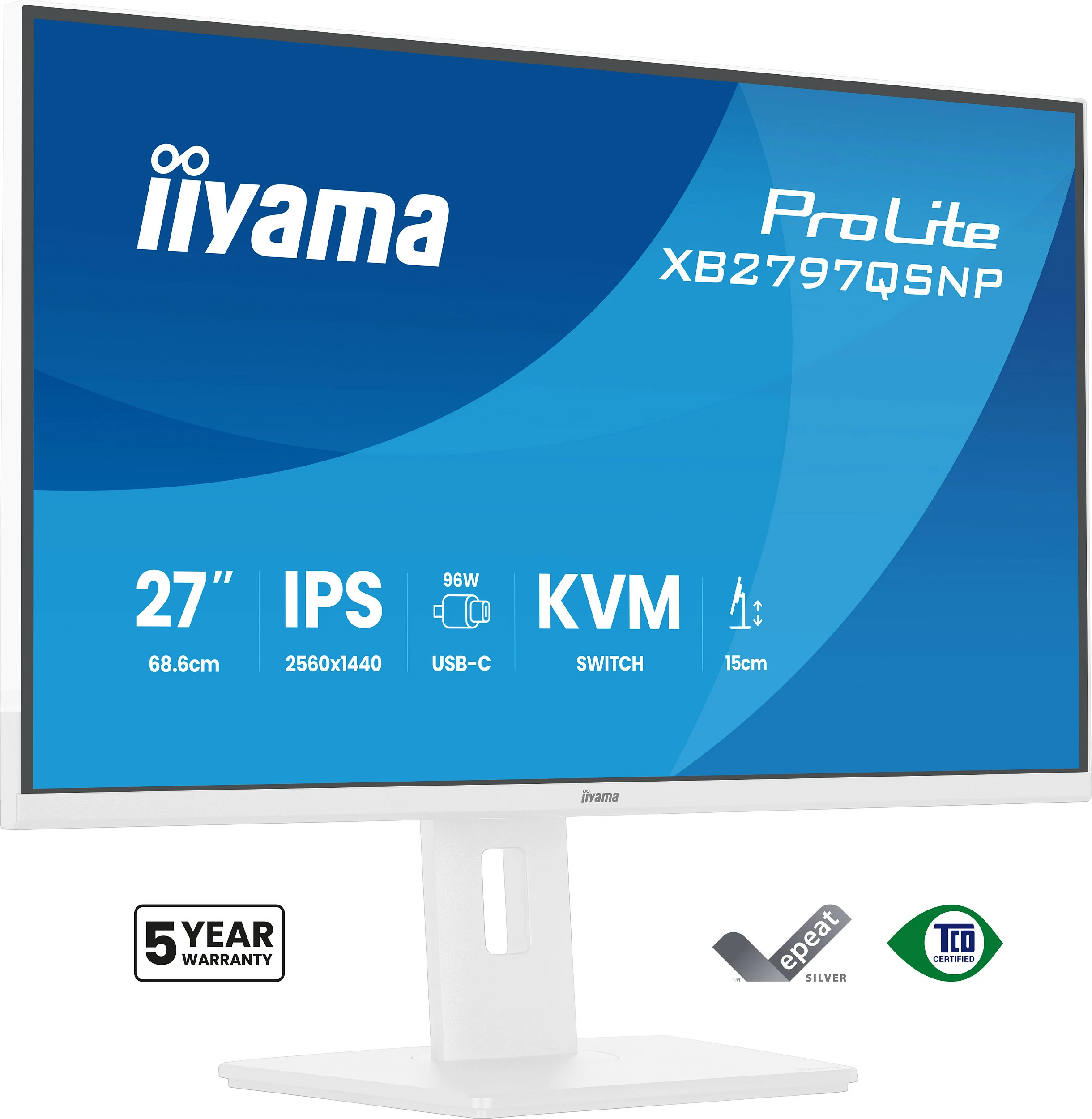 Monitor iiyama ProLite XB2797QSNP-W1, 27", QHD IPS, 75Hz, USB-C, HDMI/DisplayPort, i bardhë