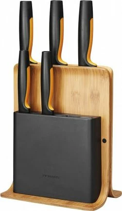 Set thikash kuzhine Fiskars Functional Form 1057552 me bllok bambuje, 5 copë, zi/portokalli