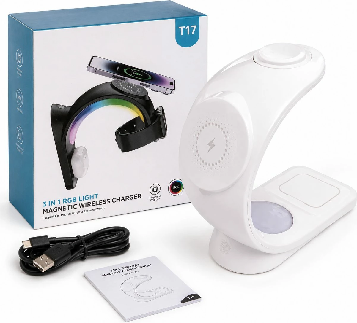 Karikues Wireless Magnetik T17 3-në-1 për telefon, orë dhe kufje